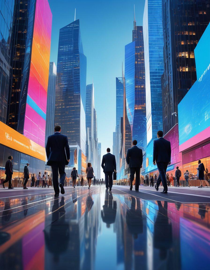 A diverse group of professionals in business attire, confidently walking through a futuristic cityscape filled with skyscrapers and digital billboards showcasing job opportunities. In the foreground, a roadmap filled with strategic paths leading towards various careers. Bright blue skies and dynamic visuals that represent growth and progress. super-realistic. vibrant colors. urban environment.