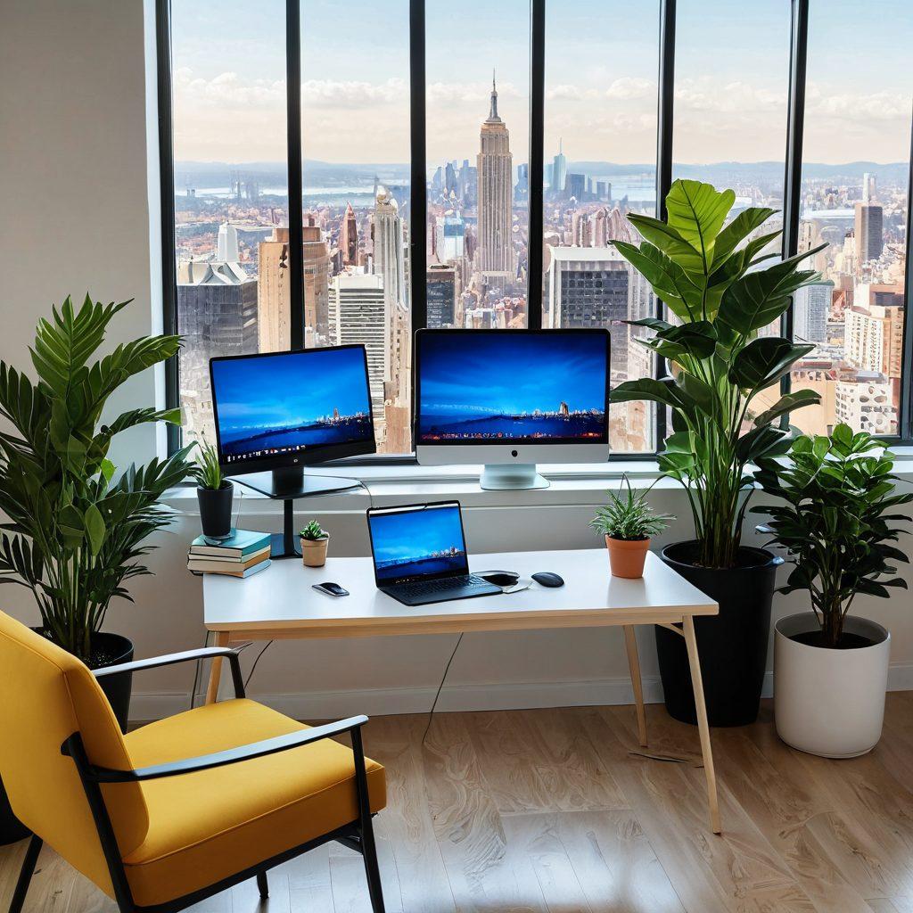 A serene workspace featuring a lush indoor plant on a desk, a laptop showing a video call in progress, and a cozy corner with a soft armchair and a book on personal growth. The background depicts a vibrant city skyline through a large window, symbolizing professional networking. The overall atmosphere should balance tranquility and productivity. bright colors. modern design. super-realistic.